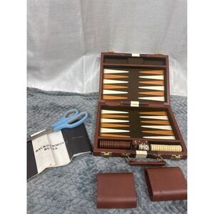 Vintage Backgammon Set Portable Faux Leather Briefcase Brown Racing Stripe 9x7